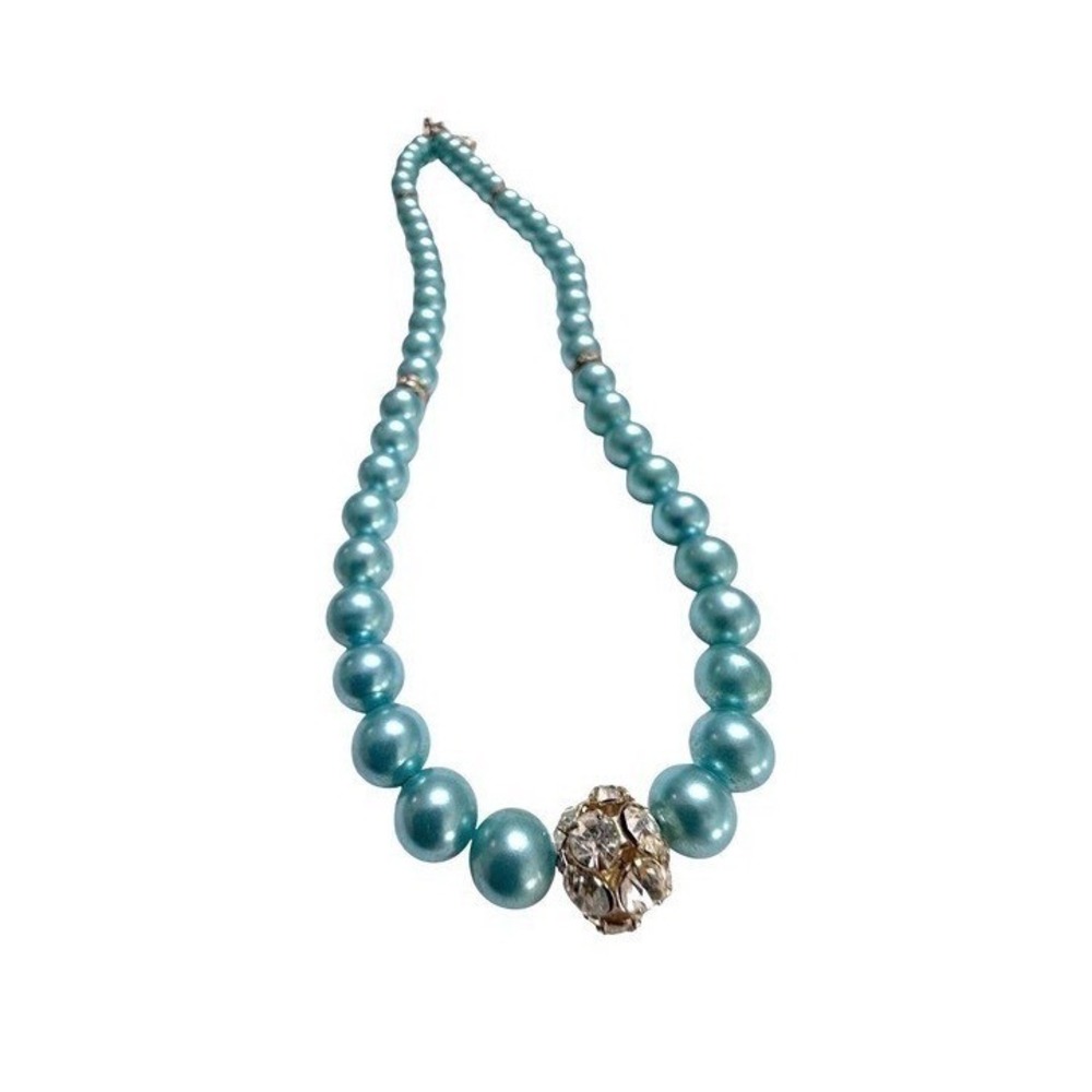 Faux Pearl Necklace Blue Rhinestone Ball Bead Adjustable Choker Silver tone